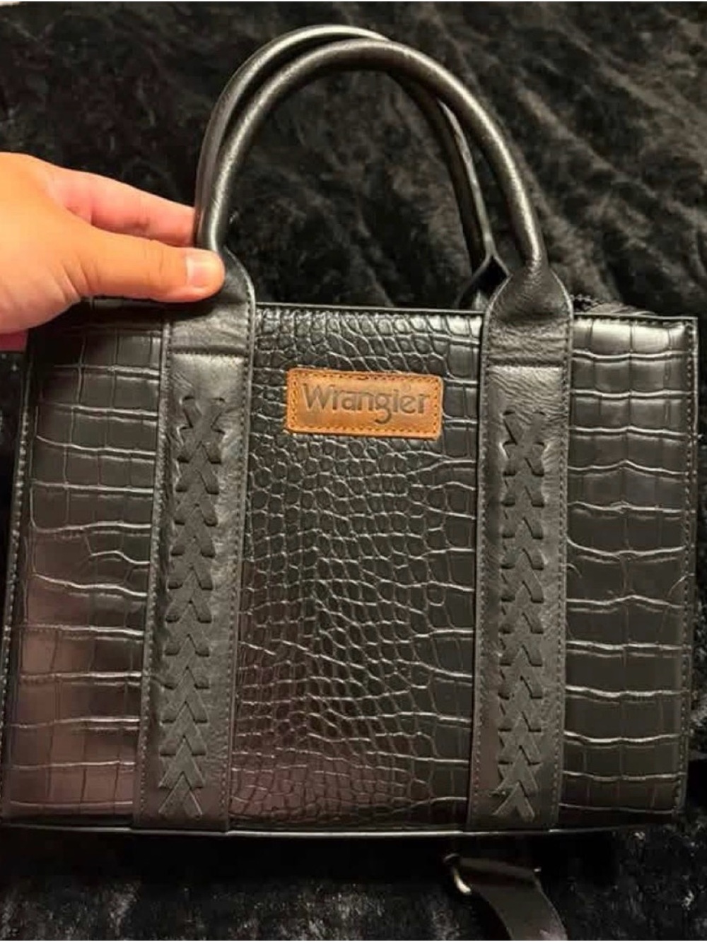 Wrangler Black Croc-Embossed Tote with Tan Logo Patch
